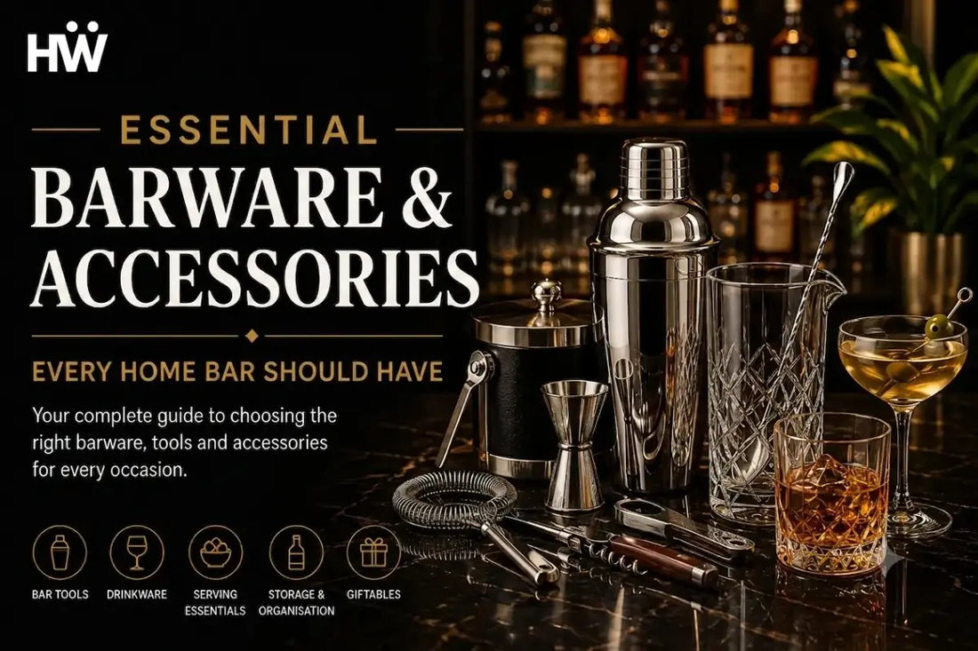 Essential barware and accessories every home bar should have, featuring premium cocktail tools, crystal drinkware, bar accessories, and stylish home bar essentials by Happyware