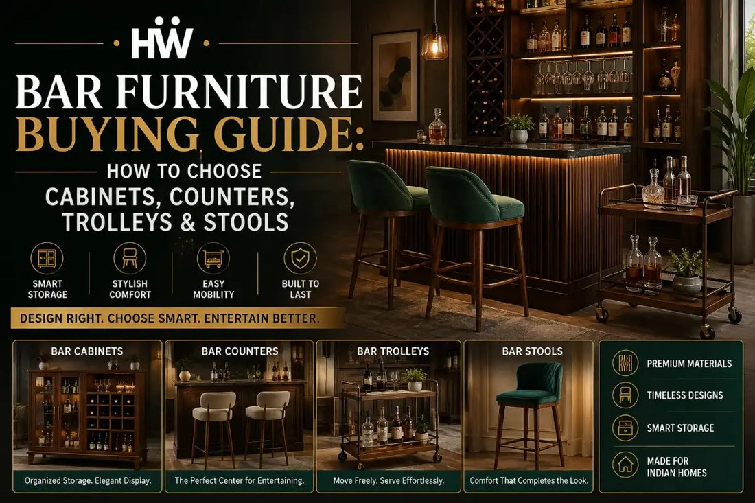 Bar furniture buying guide featuring modern bar cabinets, counters, trolleys and stools for home