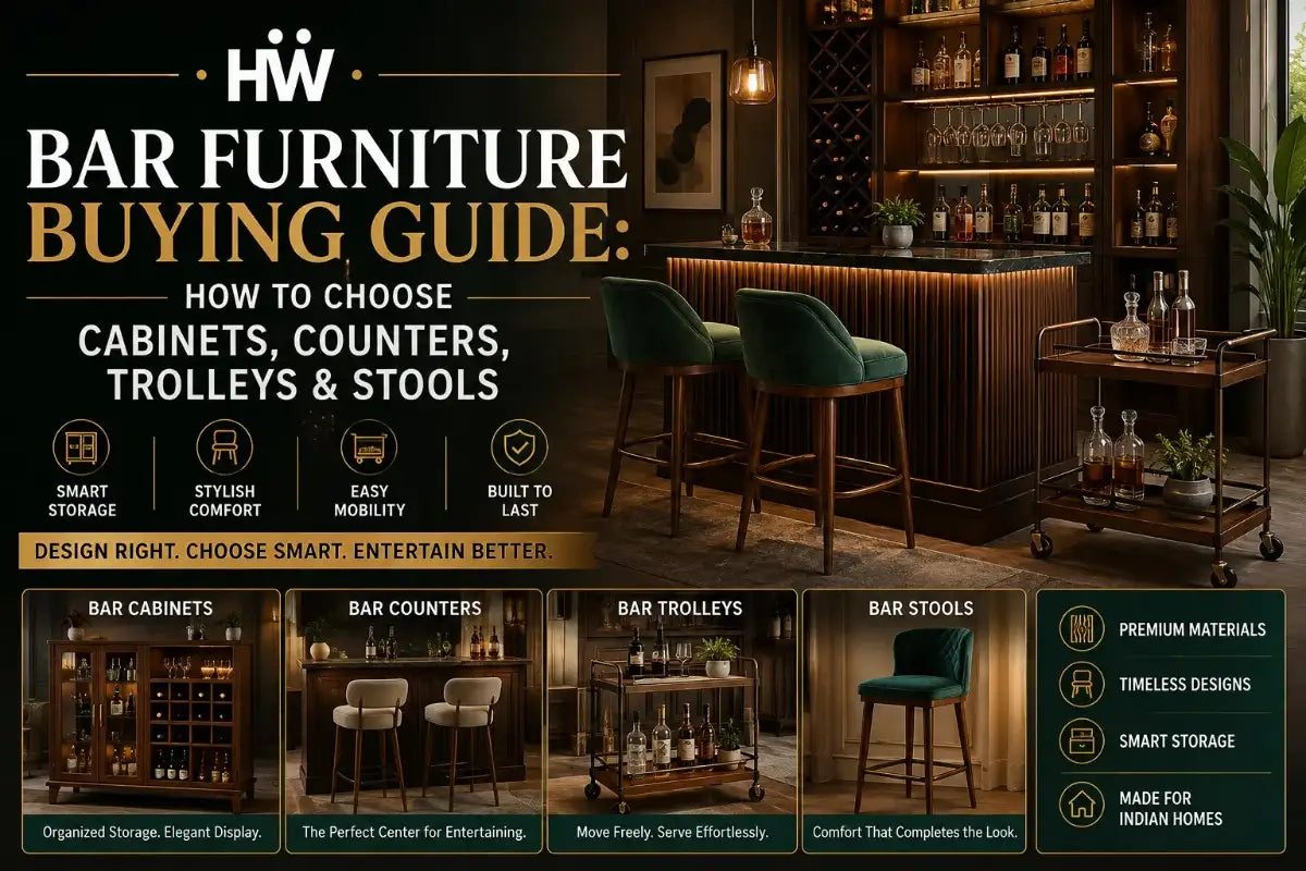 Bar furniture buying guide featuring modern bar cabinets, counters, trolleys and stools for home