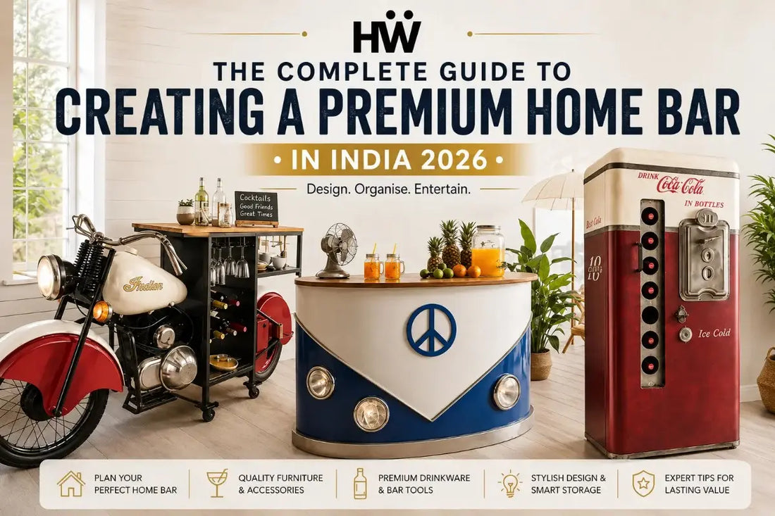 Complete guide to creating a premium home bar in India featuring stylish home bar furniture, barware accessories, premium drinkware, and modern home bar design by Happyware
