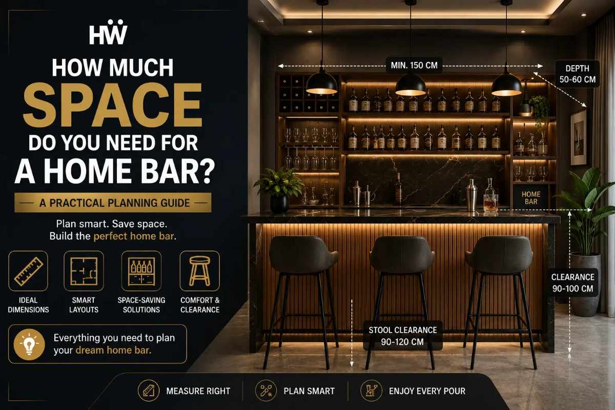Modern home bar space planning with bar furniture, seating and clearance dimensions