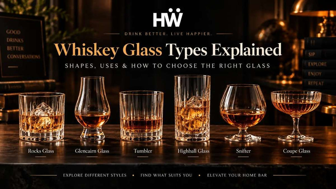 Whiskey glass types including Rocks, Glencairn, Tumbler, Highball and Snifter glasses