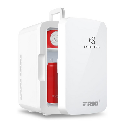 KILIG Frio+ Portable Mini Fridge 10 Litre with Dual Cooling Chips and Warmer Function, Skincare Fridge for Bedroom, Thermoelectric Cooler and Warmer Small Refrigerators for Drink, Office, Car, White