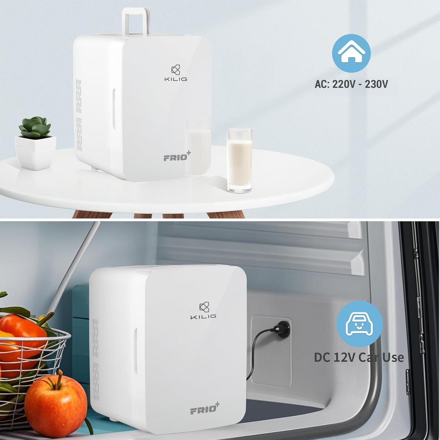 KILIG Frio+ Portable Mini Fridge 10 Litre with Dual Cooling Chips and Warmer Function, Skincare Fridge for Bedroom, Thermoelectric Cooler and Warmer Small Refrigerators for Drink, Office, Car, White