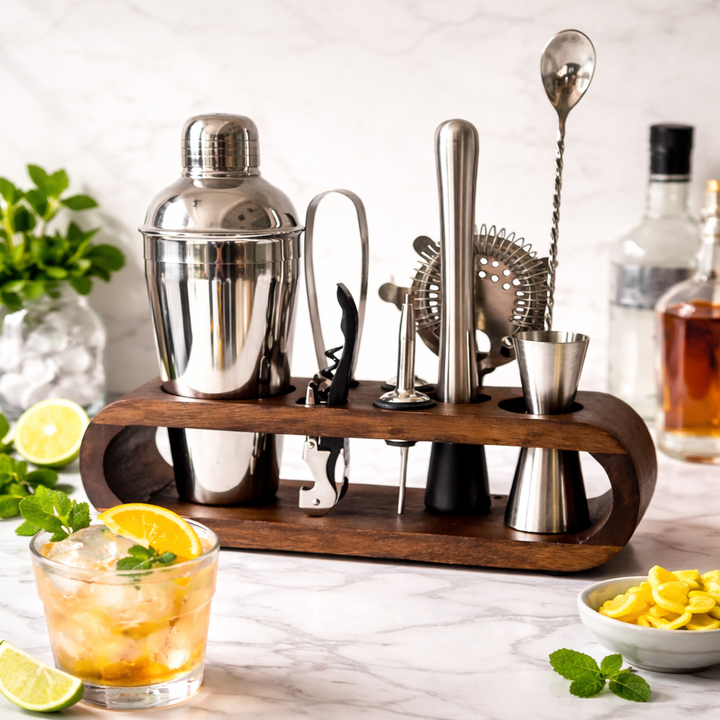 Signature Bar Tool Kit with Elegant Wooden Stand (10 Pcs Set)