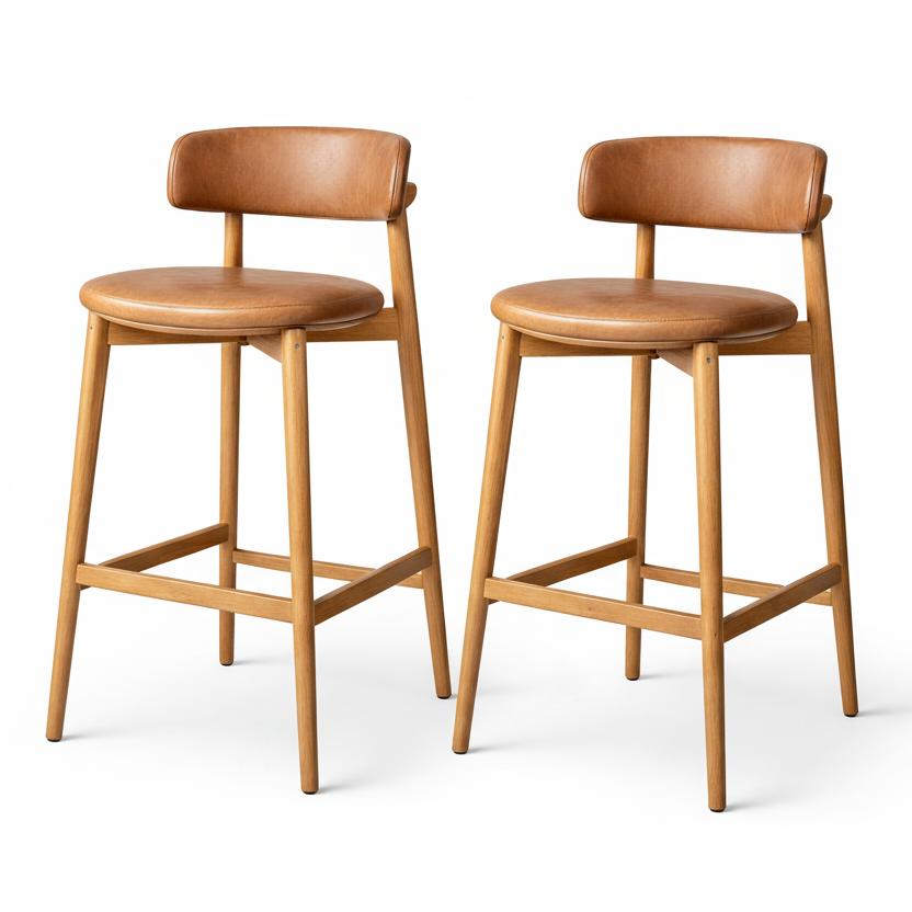 Two brown bar stools with wooden frames on a white background