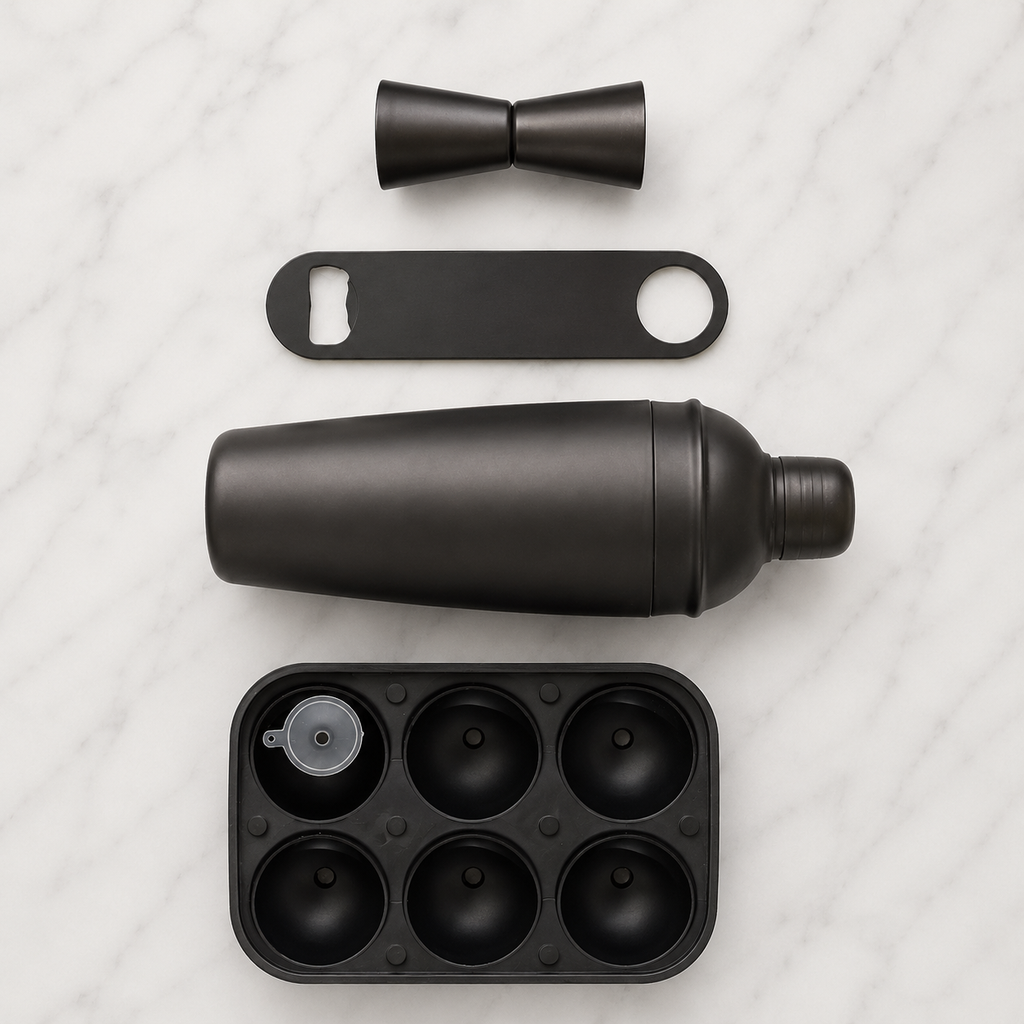5 Set Matte Black Bar Kit (Cocktail Shaker + Peg Measurer + Opener + Pourer + Ice Tray) - CRED Special
