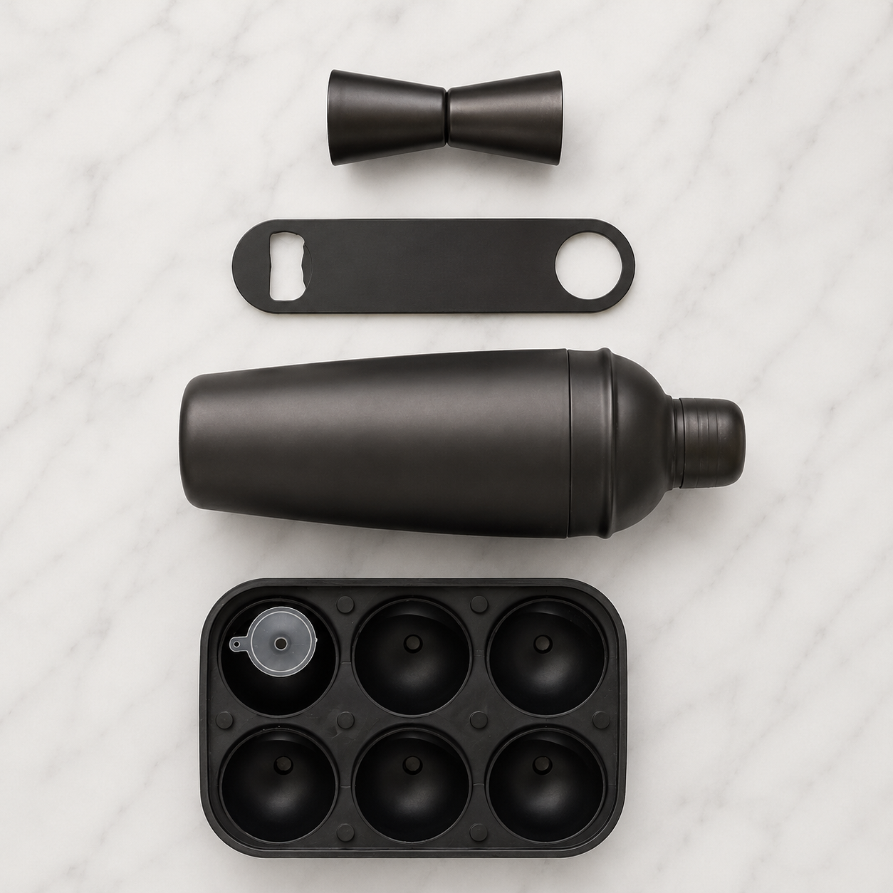 5 Set Matte Black Bar Kit (Cocktail Shaker + Peg Measurer + Opener + Pourer + Ice Tray) - CRED Special