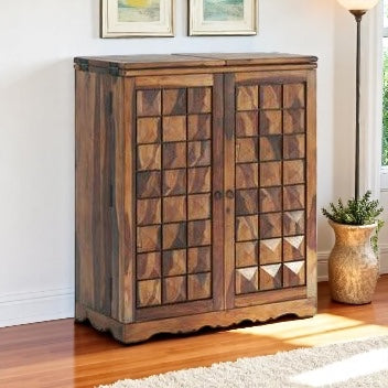 100% Sheesham Wooden Bar Cabinet - Emboss Checker Style