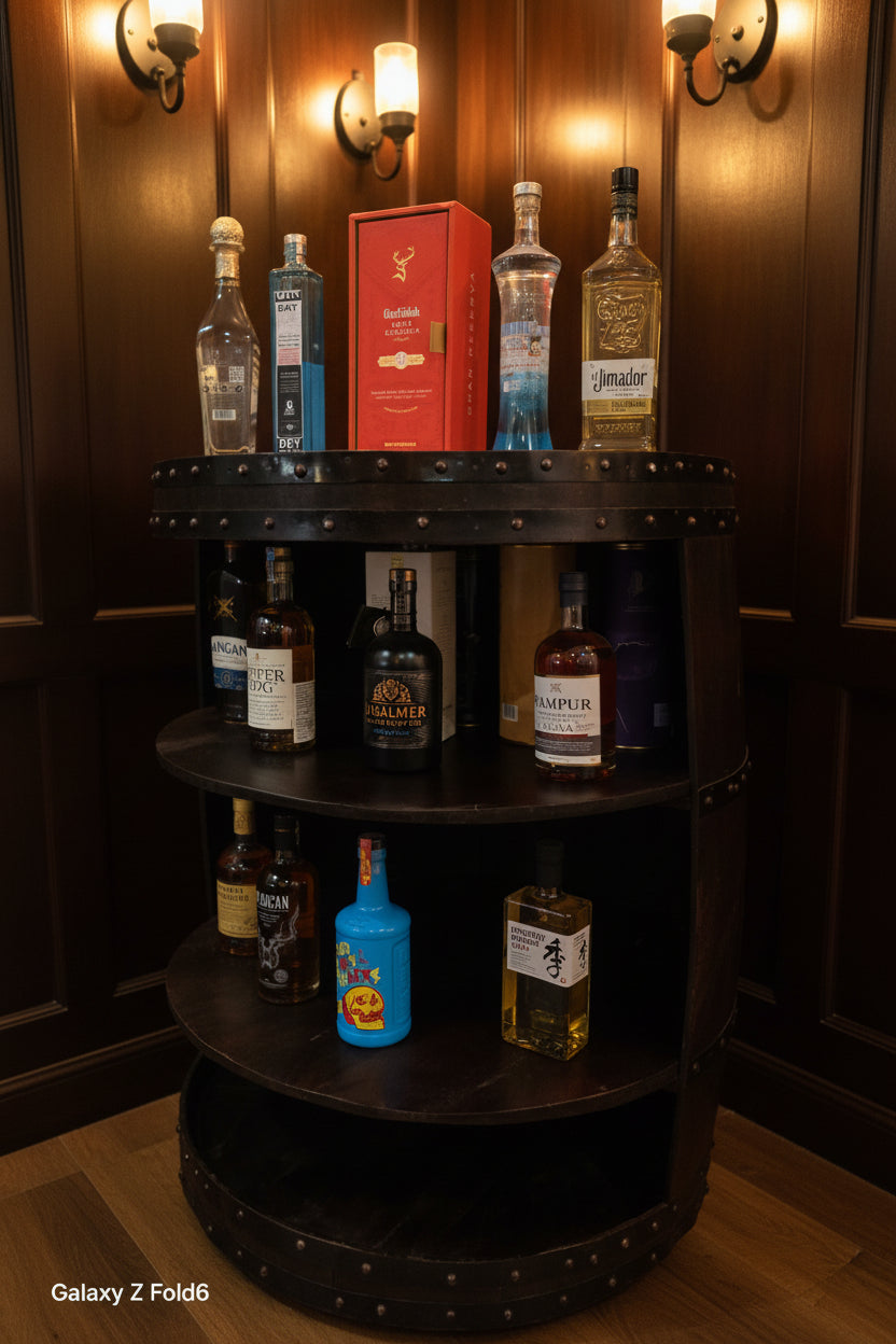 Wooden circular shelf with various bottles and a box on a white surface.