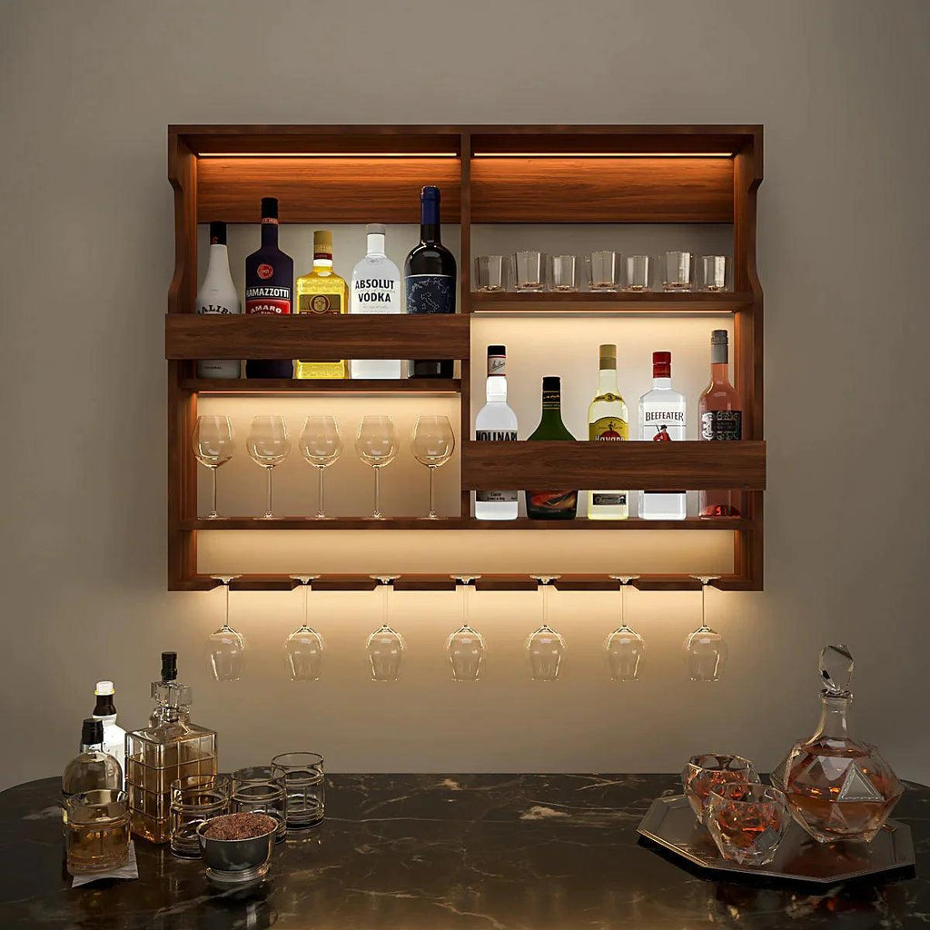 Backlit Walnut Finished Wall Mount Bar Shelf - Happyware Home Pvt Ltd