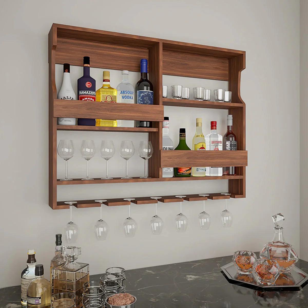 Backlit Walnut Finished Wall Mount Bar Shelf - Happyware Home Pvt Ltd