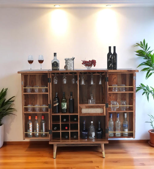 100% Sheesham Wooden Bar Cabinet - Cane Facade