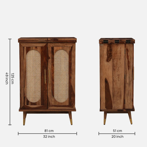 100% Sheesham Wooden Bar Cabinet - Cane Facade