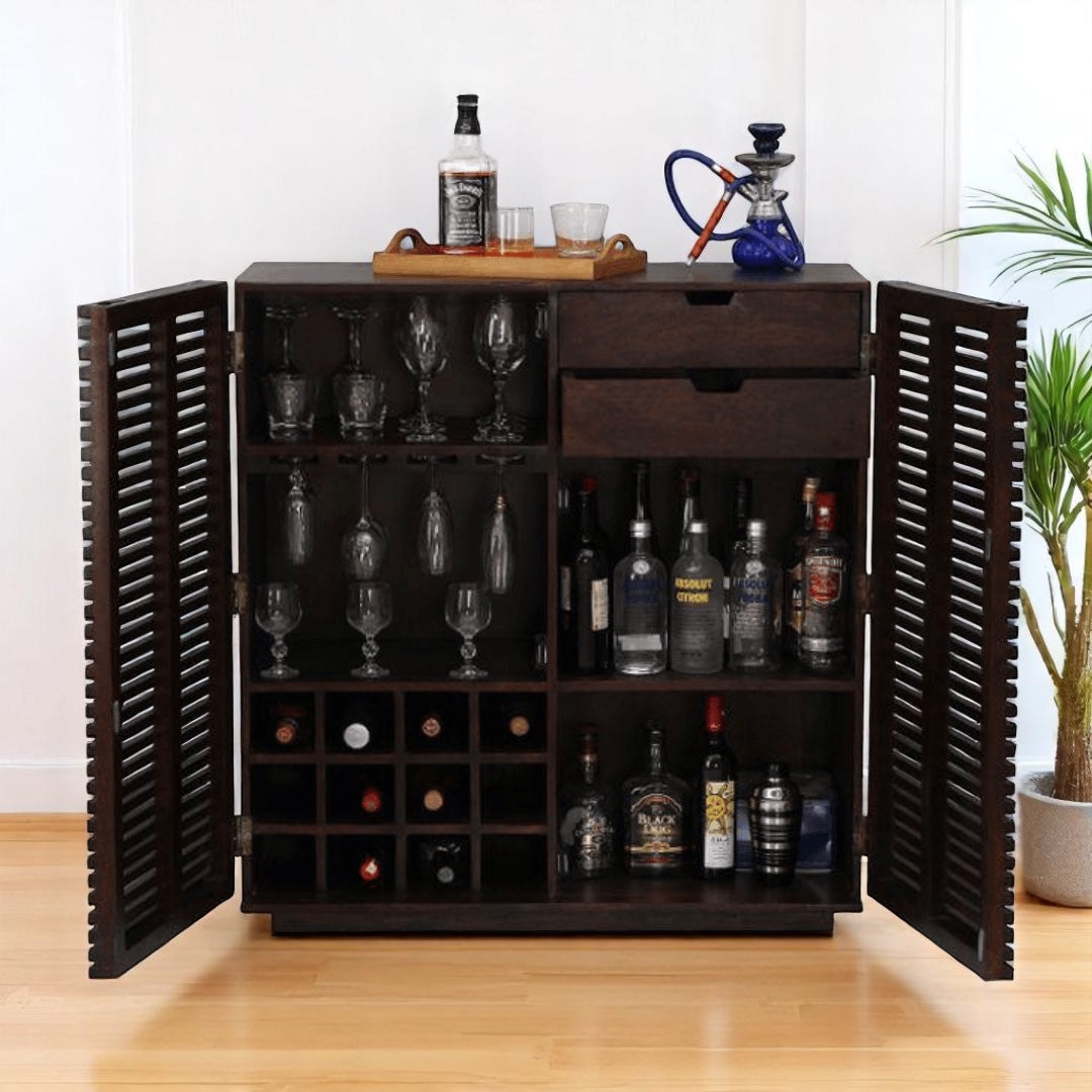 Handmade Contemporary Sheesham Wood Line Bar Cabinet
