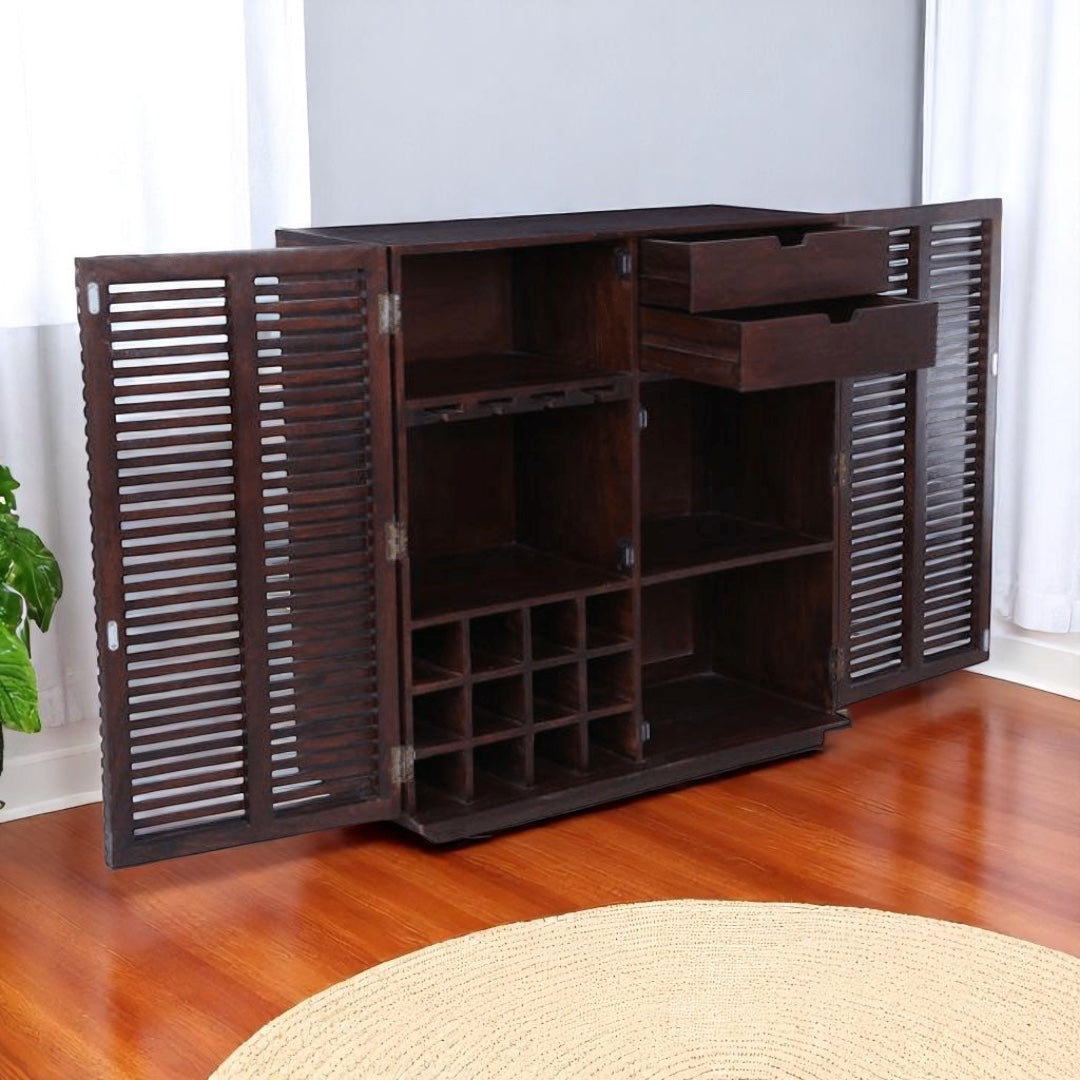 Handmade Contemporary Sheesham Wood Line Bar Cabinet