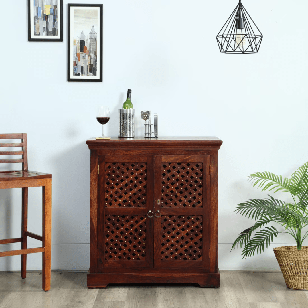 Sheesham Wood Bar Cabinet In Honey Oak Finish - Happyware Home Pvt Ltd
