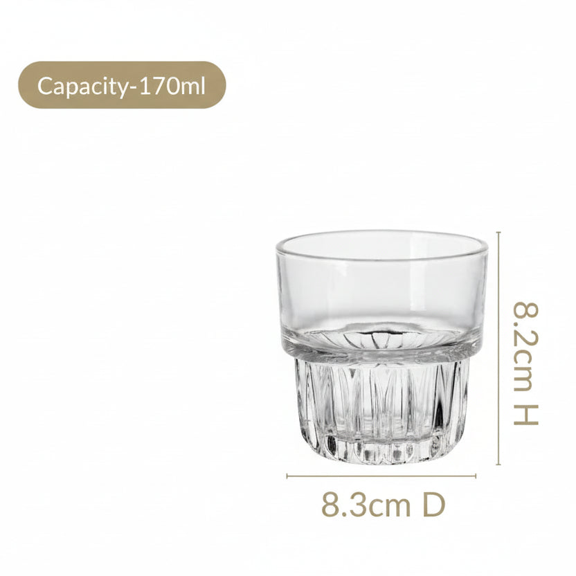 Clear glass tumbler with dimensions and capacity label on a white background