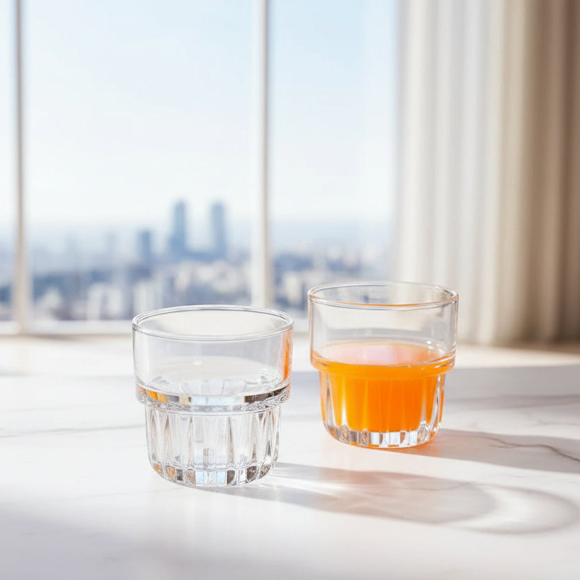 Clear glass with orange juice on a white surface