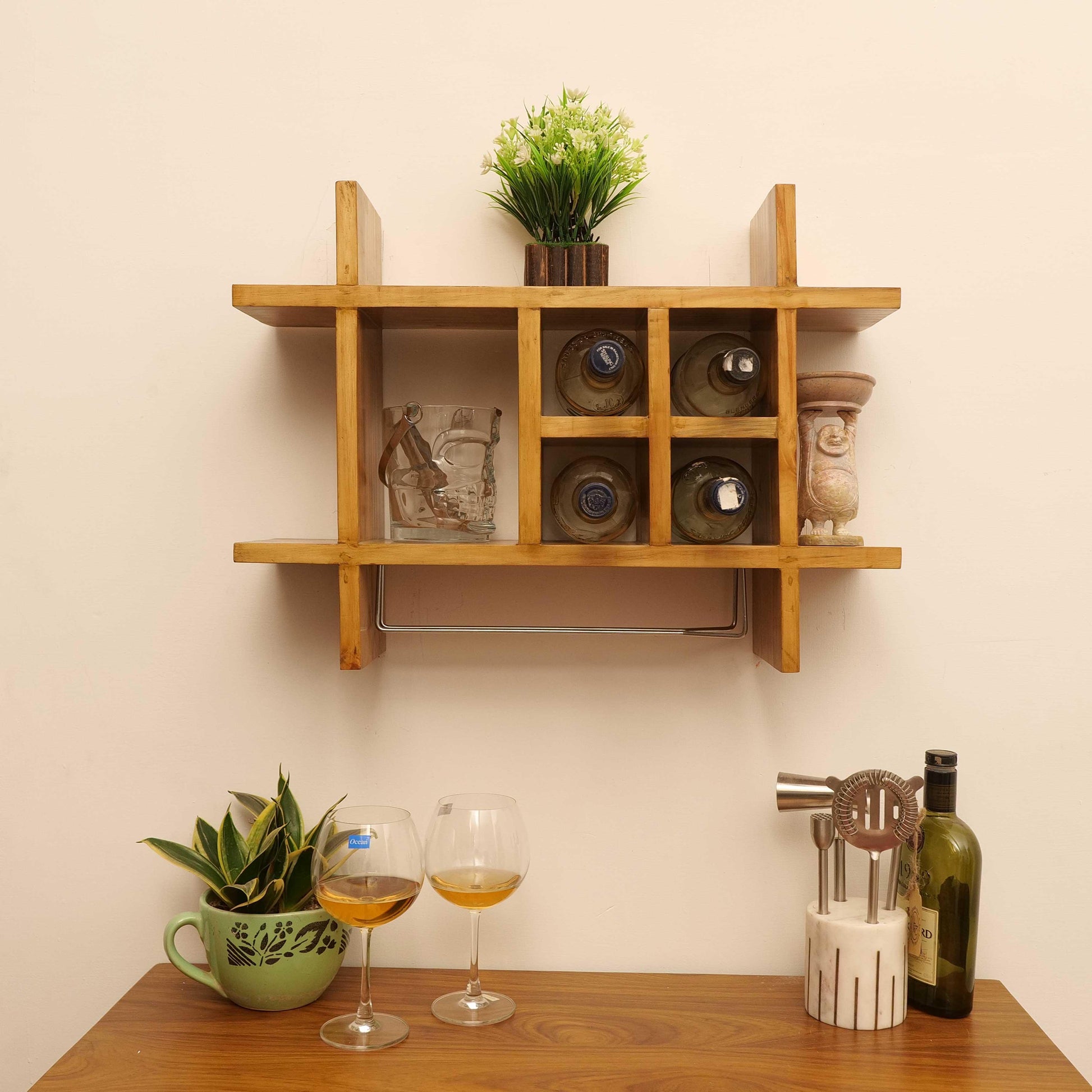 Teak Wood Beige Mini Bar Cabinet - Happyware Home Pvt Ltd