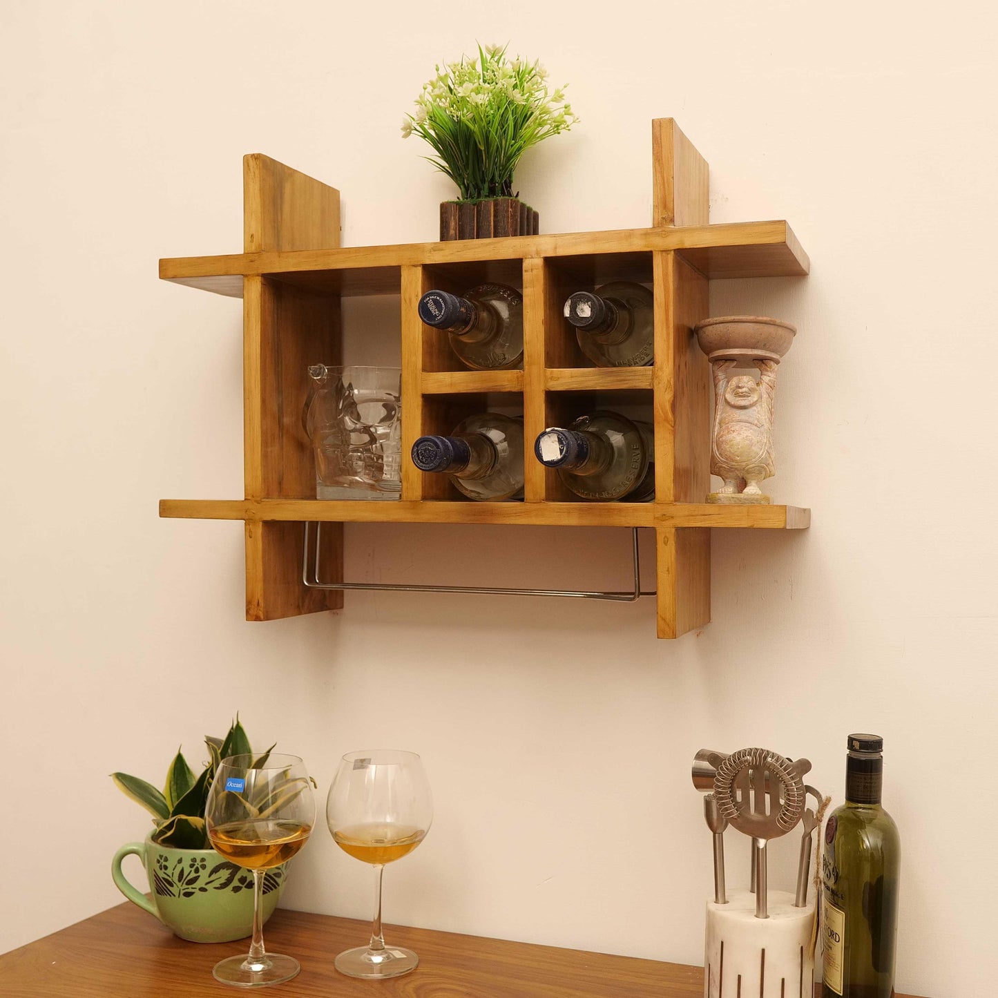 Teak Wood Beige Mini Bar Cabinet - Happyware Home Pvt Ltd